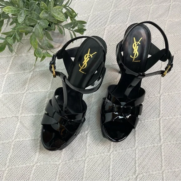Saint Laurent Tribute Platform Sandals 105mm Black Patent Leather Size 38.5 8.5 - Picture 5 of 17